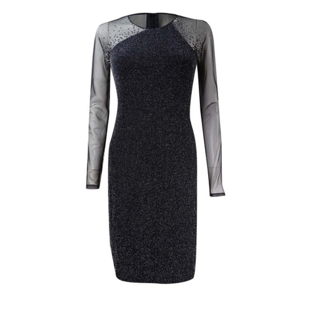 CALVIN KLEIN NWT Black Glitter Rhinestone Long Sheer Sleeve Evening Dress Sz 22W